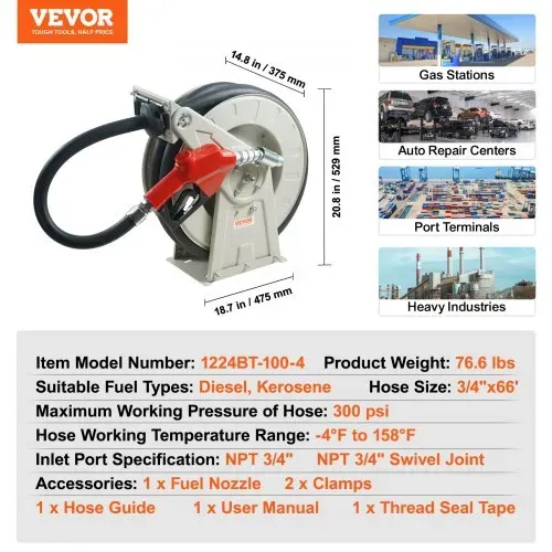 VEVOR Kraftstoffschlauchaufroller, einziehbarer Dieselschlauchaufroller, 3/4 Zoll x 20 m, automatische Betankungsdüse – Bild 6