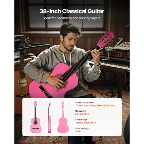 VEVOR Konzertgitarre, 960 mm, Holz-Klassikgitarren-Starter-Set für Anfänger, mit Nylonsaiten, Gigbag, Gurt, Stimmgerät, zusätzlichen Saiten, Plektren, Kapodaster, Linde, für Einsteiger, Pink – Bild 5