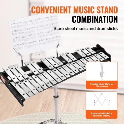 VEVOR Glockenspiel-Xylophon-Set mit 32 Tönen, professionelles Schlaginstrumenten-Set mit Schlägeln, Trommelstöcken, Notenständer, verstellbarem Ständer und Tragetasche für Schüler und Erwachsene – Bild 4