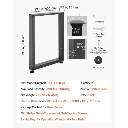 VEVOR Tischkufen aus Vierkantprofilen 2er-Set 600x750 mm, Tischuntergestell max. 1000 kg, Tischbeine, Möbelfüße, Tischgestell, Tischfüße für Schreibtische, Couchtisch, Esstische, Schwarz – Bild 4