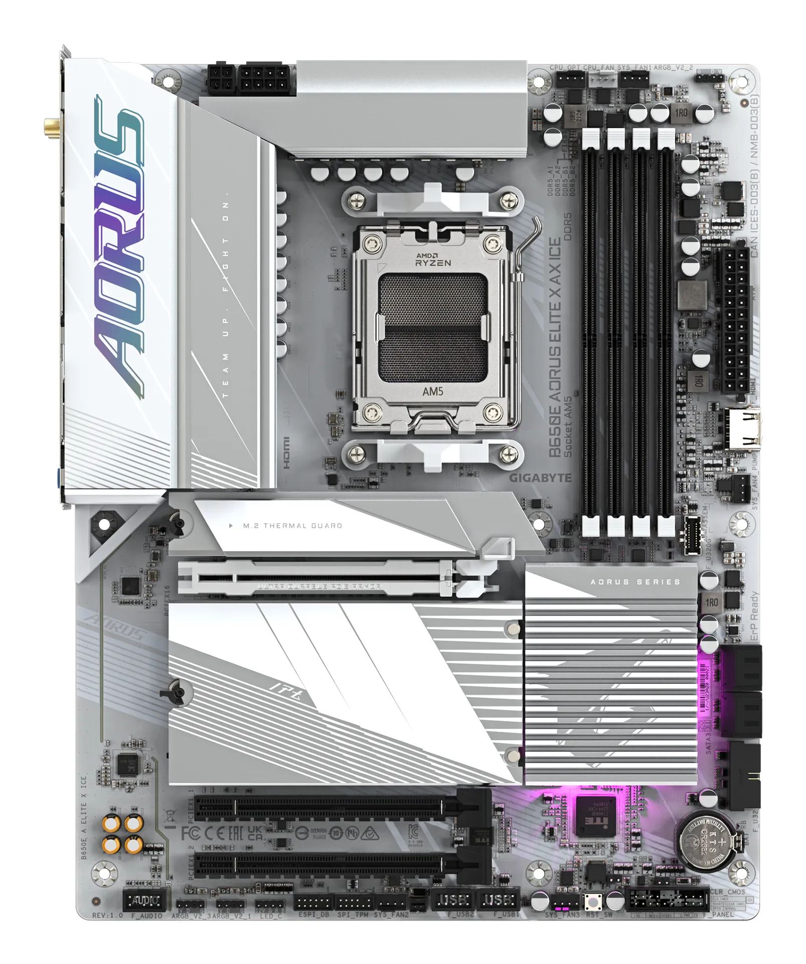 GIGABYTE B650E AORUS ELITE X AX ICE Mainboard - AMD Ryzen 9000er-Serie, 12+2+2 Phasen VRM, bis zu 8000 MHz DDR5 (OC), 1xPCIe 5.0 + 2xPCIe 4.0 M.2, 2,5 GbE LAN, WIFI 6E, USB 3.2 Gen 2 – Bild 2