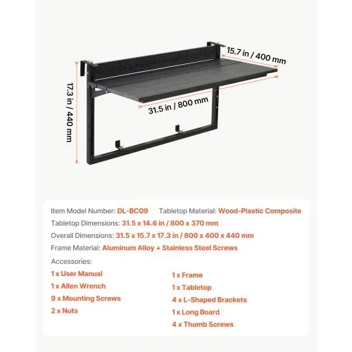 VEVOR Balkonhängetisch 795x380 mm Klapptisch 27 kg Hängetisch Balkontisch, für Terrasse Garten Balkon, Passend für Geländer mit 0–90 mm Durchmesser, Höhenverstellbar, Holz-Kunststoff-Verbundmaterial – Bild 6