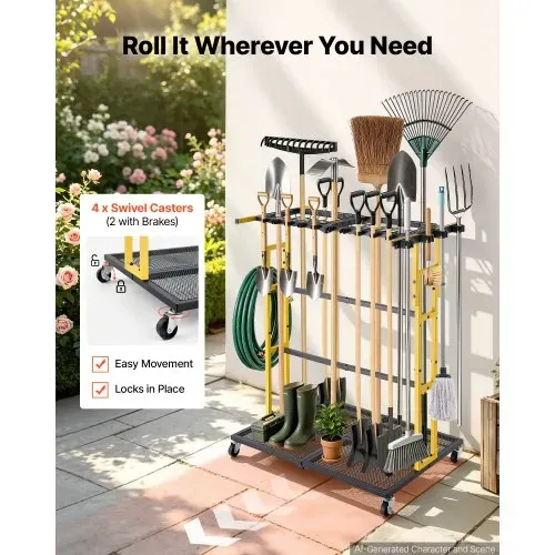 VEVOR Gartengeräte Ständer 920x560x1010mm Gerätehalter mit Rollen Schwarz, Aufbewahrungsregal für Garage Schuppen Garten, Organizer aus Stahl für Besen Mopp Rechen, 2-in-1 mit Schlitze & Klemmsystem – Bild 3