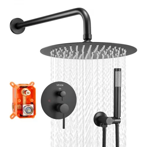 VEVOR Duscharmatur Regenduschsystem fürs Badezimmer Duschsystem mit 254 mm runden Regenduschkopf & Handbrause, wandmontierte Badezimmerarmaturen mit Messingventil & Zierset, Mattschwarz VEVOR Duscharmatur Regenduschsystem fürs Badezimmer Duschsystem mit 254 mm runden Regenduschkopf & Handbrause, wandmontierte Badezimmerarmaturen mit Messingventil & Zierset, Mattschwarz
