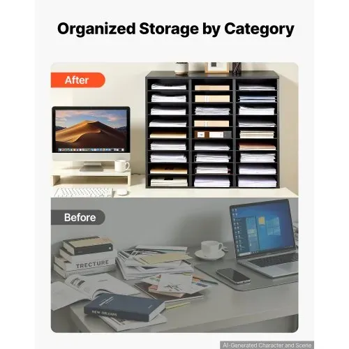 VEVOR Dokumentenablage Holz Schreibtisch Organizer mit 27 Fächern Schwarz, Ablagefach für Standard-A4-Dokumente Akten & Papiere, mit Verstellbaren Einlegböden für Büro, Zuhause & Klassenzimmer, MDF – Bild 2