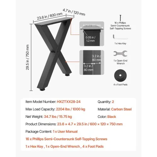 VEVOR Tischkufen 2er-Set 600x750 mm, X-Förmige Tischuntergestell 1000 kg, Tischbeine Kohlenstoffstahl, Möbelfüße, Tischgestell, Tischfüße für Schreibtische, Couchtische, Esstische, Schwarz – Bild 4