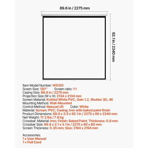 VEVOR manuelle Projektionsleinwand Beamer Leinwand, 120 Zoll 1:1 4K 1080 HD, einziehbare Projektionsleinwand, wandmontierte Filmprojektion mit Zugseil, tragbare Rolloleinwand Heimkino – Bild 6