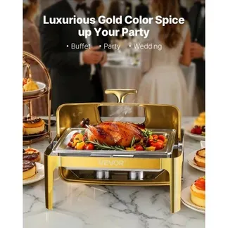 VEVOR Chafing Dish Set Speisenwärmer Edelstahl mit Pfannen in voller Größe (8,5 L), rechteckiger Wärmespender mit sichtbarem Deckel & Wasserpfannenständer & Brennstoffhalter, für Partys Gold VEVOR Chafing Dish Set Speisenwärmer Edelstahl mit Pfannen in voller Größe (8,5 L), rechteckiger Wärmespender mit sichtbarem Deckel & Wasserpfannenständer & Brennstoffhalter, für Partys Gold
