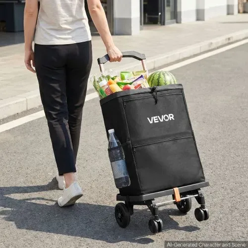 VEVOR Einkaufstrolley Faltbarer Einkaufswagen mit 75kg Tragkraft Schwarz, 40L Kapazität, Mit Kühlfach Teleskopgriff + 4 Rollen, Tasche Abnehmbar, 2-in-1 Einkaufsroller für Einkauf Camping Haushalt – Bild 7