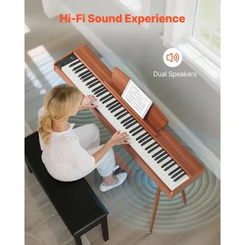 VEVOR Digitalpiano, 88 Tasten vollgewichtet anschlagdynamisch, E-Piano-Tastatur mit Notenständer, Dreifachpedal, Netzteil, 280 Töne, unterstützt kabellose Verbindung, für Anfänger, Holzfarbe – Bild 2
