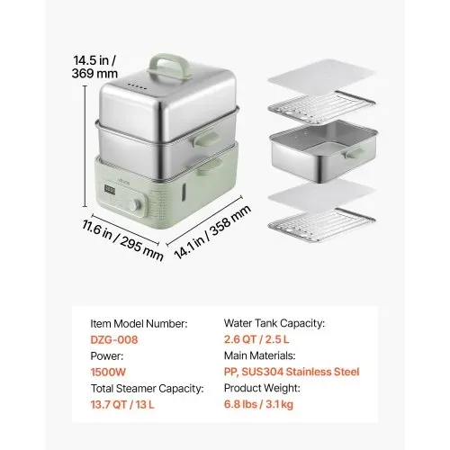 VEVOR Elektrischer Dampfgarer 13 L mit 2 Garebenen Edelstahl 1500 W Grün, Gemüse- und Speisegarer für 3–6 Personen mit 9 Voreingestellten Programmen, Warmhaltefunktion, für Gemüse, Meeresfrüchte und Reis – Bild 6