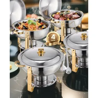 VEVOR Chafing Dish Buffet Speisenwärmer mit 4 Behältern in voller Größe (4,7 L pro), runder Catering-Wärmespender mit Deckel & Wasserpfanne & klappbarer Ständer, für Hochzeiten Partys Golden VEVOR Chafing Dish Buffet Speisenwärmer mit 4 Behältern in voller Größe (4,7 L pro), runder Catering-Wärmespender mit Deckel & Wasserpfanne & klappbarer Ständer, für Hochzeiten Partys Golden