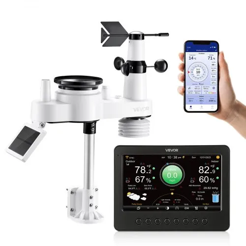 VEVOR 7-in-1 WLAN-Wetterstation, 7-Zoll-TFT-Display, solarbetriebener Außensensor, Wettercenter zur Wettervorhersage, Windgeschwindigkeit, Windrichtung, Temperatur, Luftfeuchtigkeit, Niederschlag VEVOR 7-in-1 WLAN-Wetterstation, 7-Zoll-TFT-Display, solarbetriebener Außensensor, Wettercenter zur Wettervorhersage, Windgeschwindigkeit, Windrichtung, Temperatur, Luftfeuchtigkeit, Niederschlag