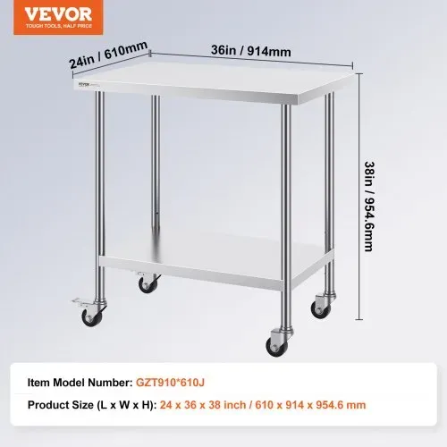 VEVOR Arbeitstisch aus Edelstahl, 610 x 914 x 954,6 mm, Zubereitungstisch mit 4 Rädern, 3 einstellbaren Höhenstufen, Arbeitstisch zur Lebensmittelzubereitung für gewerbliche Küchen und Restaurants – Bild 6