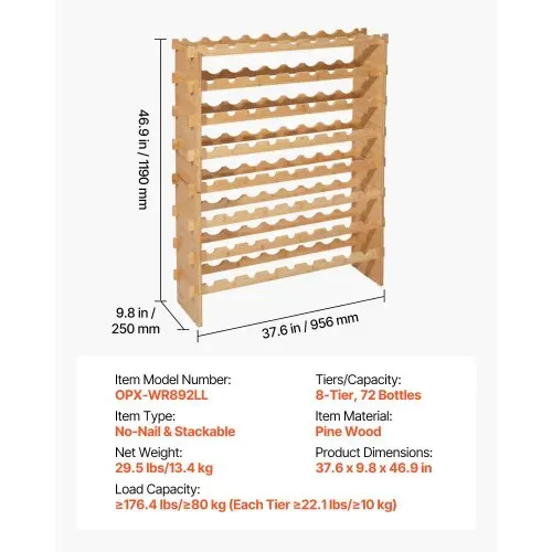 VEVOR stapelbares modulares Weinregal für 72 Flaschen, 8-stöckig, Flaschenregal mit 80 kg Gesamtbelastbarkeit, wackelfrei, Weinflaschenständer für Küche Weinkeller Bar, Weinflaschenhalter Natur – Bild 6