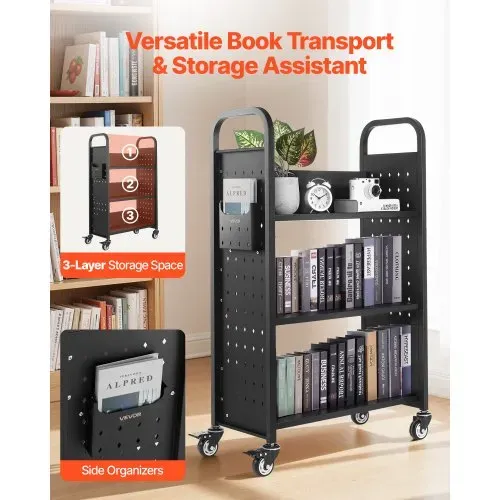 VEVOR Bücherwagen, 150 kg Tragkraft, Bibliothekswagen, 77 x 38 x 122 cm, einseitiges L-förmiges Bücherregal mit Doppelbremsrollen, Bücherregalwagen für Wohnzimmer, Büro, Schule, Schwarz VEVOR Bücherwagen, 150 kg Tragkraft, Bibliothekswagen, 77 x 38 x 122 cm, einseitiges L-förmiges Bücherregal mit Doppelbremsrollen, Bücherregalwagen für Wohnzimmer, Büro, Schule, Schwarz