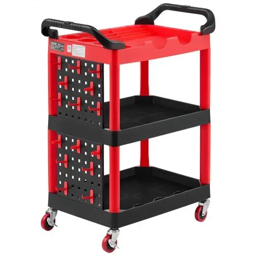 VEVOR Servicewagen Werkstattwagen PP-Rollwagen 810x425x970mm Schwarz & Rot, Werkzeugwagen mit 136kg Tragkraft, Inkl. 3 Ebene & 4 Rollen Pegboard & Handgriffen, Allzweckwagen für Garage Werkstatt Lager – Bild 8