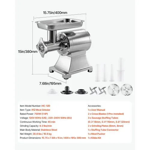 VEVOR Fleischwolf, 4,2 kg/min Kapazität, #12 Elektrischer Fleischwolf mit 2 Lochscheiben, 3 Wurstfüllrohren & Kibbeh-Set, 750 W, 2-in-1 Küchenmaschine für Privatküchen & Restaurants – Bild 6