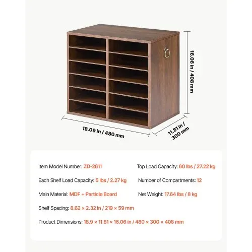 VEVOR Dokumentenablage Holz Schreibtisch Organizer mit 12 Fächern Braun, Ablagefach für Standard-A4-Dokumente Akten & Papiere, mit Verstellbaren Einlegböden für Büro, Zuhause & Klassenzimmer, MDF – Bild 6