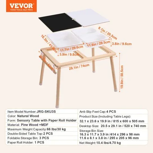 VEVOR Sensorischer Tisch Aktivitätstisch für Kinder mit 3 faltbaren Aufbewahrungsbehältern & Papierrollenhalter, Sand- und Wassertisch sensorischer Zeichentisch aus Holz, Geschenke für Kinder – Bild 6