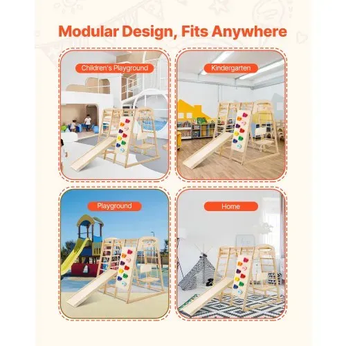 VEVOR Indoor Klettergerüst, 7-in-1 Multifunktional Spielplatz, mit Holz- & Seilleiter, Netzleiter, Schaukel, Kletterstange, Rutsche, Kletterwand, Kletterspielzeug für Kinder im Alter von 2-6 Jahren – Bild 5