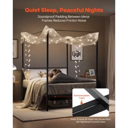 VEVOR Himmelbettrahmen (Full Size), Metallhimmelbett mit Himmelbett-Design (363 kg belastbar), robuste Stahllattenstütze (Quadrat), Stauraum unter dem Bett, kein Boxspring erforderlich, Schwarz – Bild 3