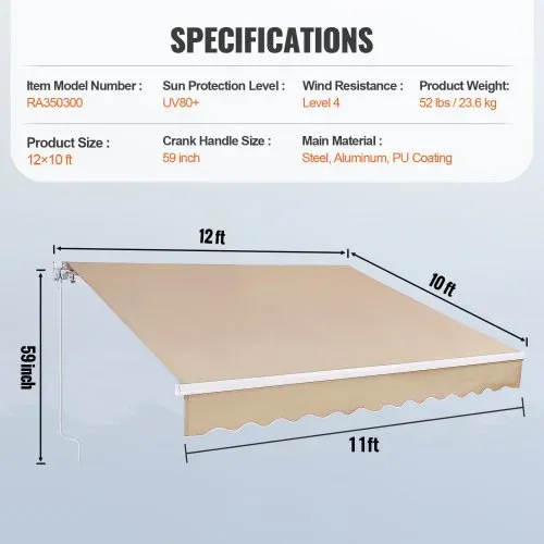 VEVOR Balkonmarkise 3,6x3m Gelenkarm Markise höhenverstellbar von 2,4 bis 3,7m Klemmmarkise Einziehbar Stahl Aluminium 280G doppelseitige PU-Beschichtung Sonnenmarkise Balkon Terrassenmarkise – Bild 6