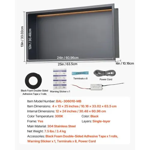 VEVOR Duschnische, 10,16x33,02x63,5 cm, versenkte Wandnische mit LED-Streifen, Shampoo-Aufbewahrungs-Organizer aus Edelstahl, langlebig & einfach zu installieren, schwarz für Badezimmer – Bild 6