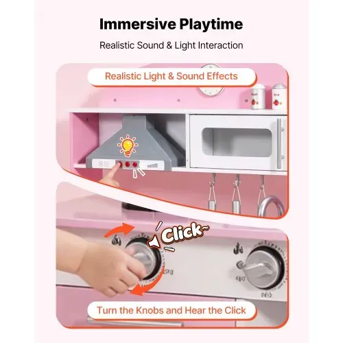 VEVOR Spielküche für Kinder, Kinderküche aus Holz mit Licht & Sound, Holzküche mit Herd Backofen Spüle Mikrowelle Dunstabzug & Geschirrspüler, Küchenspielzeug mit Kochset für Kinder ab 3 Jahren, Rosa – Bild 3