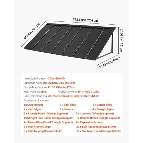 VEVOR Fenstermarkise 203x91x61 cm, Türvordach, stabile Außenmarkisen mit dreieckigem Stahlrahmen, Schutz vor Regen, Schnee und Sonnenlicht für Türeingänge, Fenster, Veranden, Balkone – Bild 6