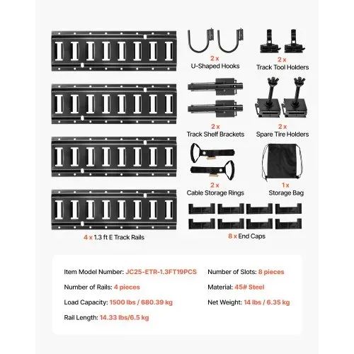 VEVOR E-Track-Zurrschienen-Set, 4er-Pack 0,4 m, inkl. 2 U-förmige Haken, 2 Werkzeughalter, 2 Schienenregalhalterungen, 2 Reifenhalter, 2 Kabelaufbewahrungsringe, 8 Endkappen und 1 Tasche – Bild 6