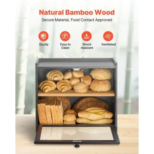 VEVOR Doppellagiger Brotkasten für Küchentheke Brotbehälter Brotbox Organizer aus Holz für selbstgebackenes Brot, Aufbewahrungsbehälter mit gewellter Acryl-Türplatte, Brotaufbewahrung Schwarz – Bild 3