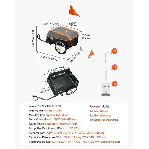 VEVOR Fahrradanhänger Lastenanhänger Transportwagen Faltbar 40 kg Tragkraft, Kohlenstoffstahl & 600D Oxford, Mit Regenschutz Reflektoren & Fahne, Für 22-28 Zoll Räder, Fahrradwagen für Einkauf Camping – Bild 6