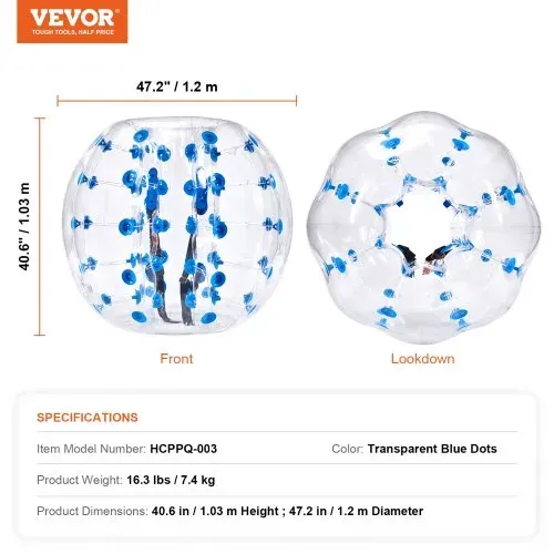VEVOR Aufblasbarer Bump Ball Bumper Stoßball 1 Stk. 1,2 m x 1,03 m, Menschlicher Kollisionsball, PVC-Körperblasen-Bounce-Ball für Outdoor-Aktivitäten, Transparent + Blaue Punkte Aufblasbar Bumper Ball – Bild 6
