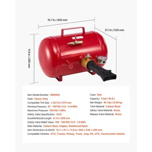 VEVOR Luftreifen Perlensitzer Luftreifenperlen Sitzer 18,9 L Reifenwulst Blaster Werkzeug, 0,6–0,8 MPa Betriebsdruck, Luftauslöser-Sitzpumpe für Pickup Truck ATV Jeep Rasentraktor Wohnmobil Rot – Bild 6