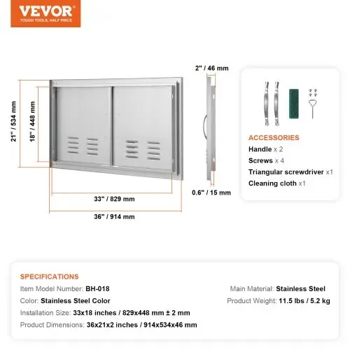 VEVOR Grill-Zugangstür, 914 x 534 mm, Doppelte Außenküchentür, Flächenbündig Montierte Edelstahltür, Vertikale Wandtür mit Griffen und Lüftungsschlitzen, für Grillinsel, Grillstation, Außenschrank – Bild 6