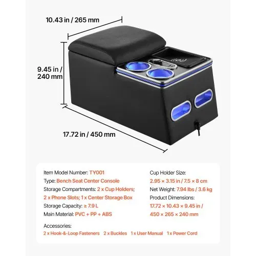 VEVOR Universal Mittelkonsole für die Rücksitzbank Kabelloses Laden Schwarz für Smartphones, 7-Farben Ambientebeleuchtung, 5 V/3 A QC, 5 V/3 A PD über USB-C, 12-24-V-Buchse, Handyhalterungen, Staufach – Bild 6