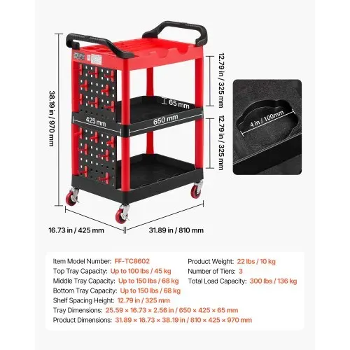 VEVOR Servicewagen Werkstattwagen PP-Rollwagen 810x425x970mm Schwarz & Rot, Werkzeugwagen mit 136kg Tragkraft, Inkl. 3 Ebene & 4 Rollen Pegboard & Handgriffen, Allzweckwagen für Garage Werkstatt Lager – Bild 6