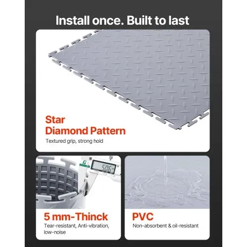 VEVOR PVC Garagenboden, 8er-Pack 513x513x5 mm, Werkstattboden, Industrieboden, Klick Verlegung, rutschfeste PVC-Matten mit Diamantplatte für Werkstatt, Lager, Werkzeugraum, Hellgrau – Bild 2