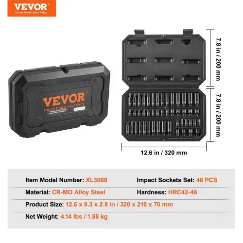 VEVOR 1/4 Zoll Schlagsteckschlüsselsatz 48-teiliger tiefer und flacher Steckschlüsselsatz SAE 3/16-9/16 Zoll & metrisch 4-15 mm, 6 Kant Cr-Mo-Legierungsstahl für Autoreparaturen mit Werkzeugkoffer – Bild 6