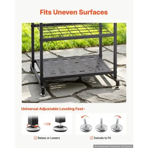 VEVOR Gartengeräte Ständer 440x405x760mm Gerätehalter aus Metall Schwarz, Aufbewahrungsregal für Garage Schuppen Garten, Organizer für Besen Mopp, mit Doppelschichtschlitzen 4 Haken & Nivellierfüßen – Bild 3