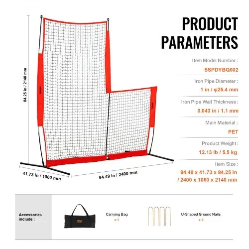 VEVOR L-Typ für Schlägerkäfig 240 x 106 x 214 cm Baseball- und Softball-Sicherheitsschirm Körperschutz Tragbarer Schlagschirm mit Tragetasche & Bodenpfählen, Outdoor Baseball-Pitching-Netz Rot – Bild 6