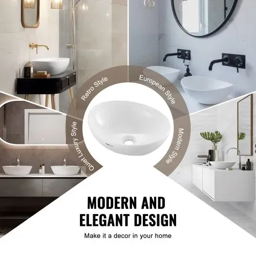 VEVOR Ovales Aufsatzwaschbecken Waschbecken, 409 x 341 x 144 mm, Badezimmer-Aufsatzwaschbecken über der Theke, Keramikwaschbecken moderner Stil, für Toiletten, Hotels, Restaurants, helles Weiß – Bild 4