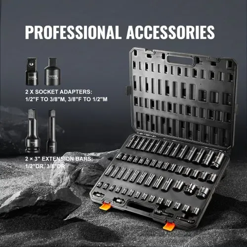 VEVOR 3/8 & 1/2 Zoll Antriebs-Schlagschrauber-Steckschlüsselsatz, 59-teiliger Steckschlüsselsatz SAE 5/16 bis 1-1/4 Zoll und metrisch 6-32 mm, 6-Punkt Cr-Mo-Legierungsstahl für Autoreparatur – Bild 3