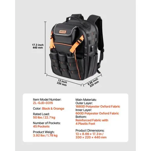VEVOR Werkzeugrucksack, 45 Taschen, Werkzeug-Aufbewahrungs-Organizer, Backpack mit Laptopfach und verstärktem Stoffboden, Werkzeugtasche, Baustellenrucksack für Elektriker, Handwerker – Bild 6