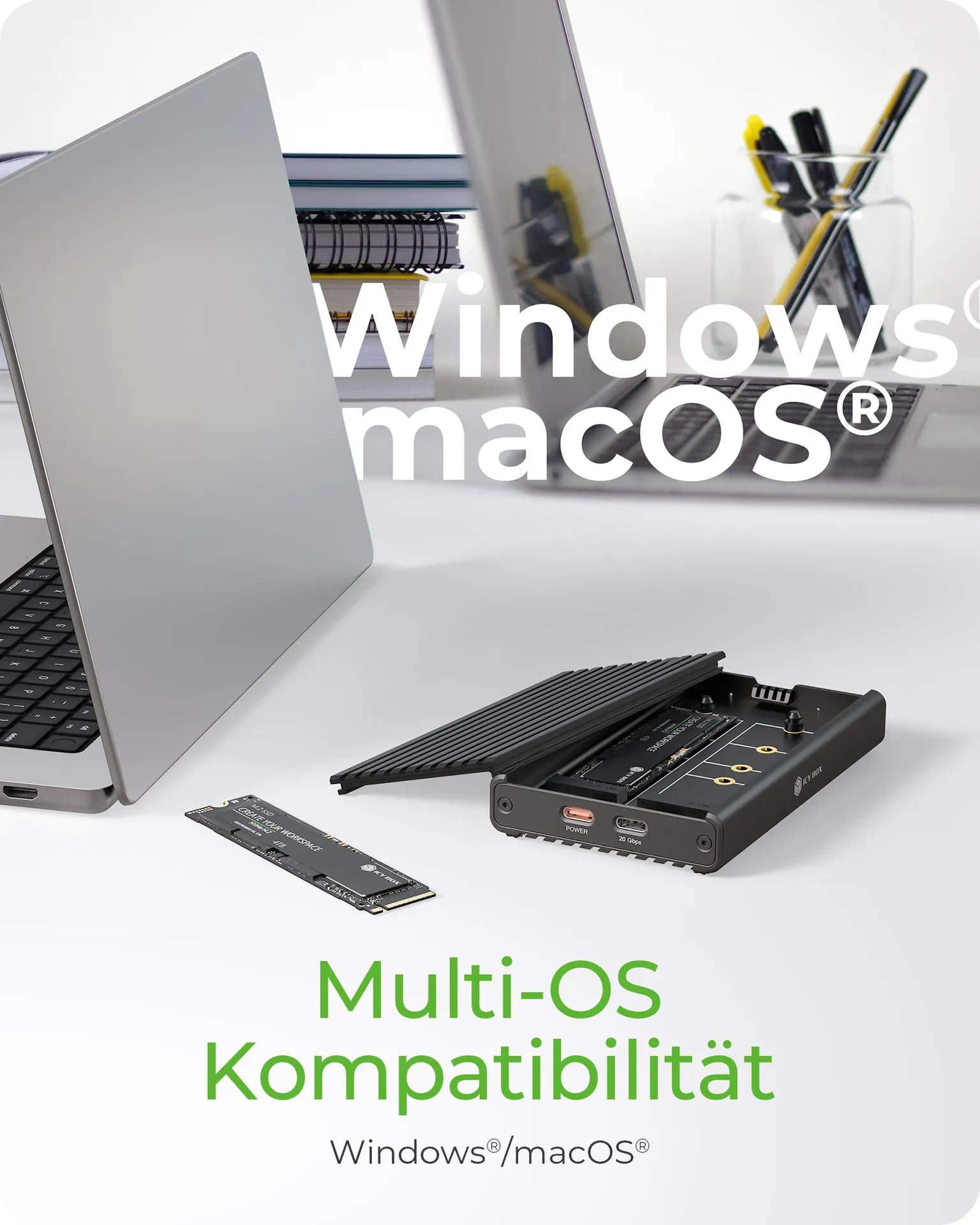 ICY BOX IB-2817M-C32, 2-fach M.2 PCIe NVMe Gehäuse, Host USB 3.2 Gen2x2 Type-C® 20 Gbit/s, für 22x30/42/60/80 mm M.2 SSD, Aluminium – Bild 6