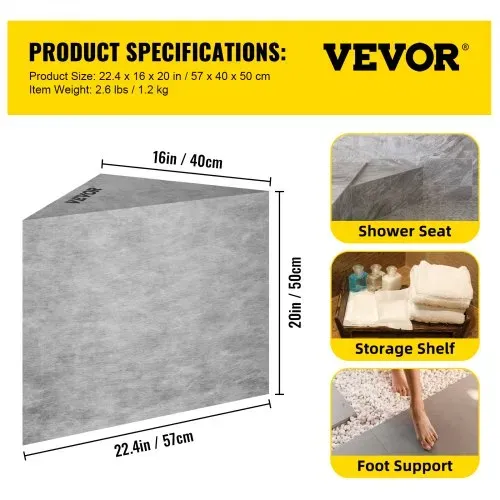 VEVOR Befliesbare Sitzbank dreieckig 57x40x50cm Sitzbank Badezimmer EPS-Verbundstoff Duschsitz 200kg Tragfähigkeit Duschstuhl 0,08㎡ Abdeckfläche 90° Innen- und Außenecken Ideal für Bad Duschbereiche – Bild 6