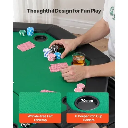 VEVOR klappbarer Pokertisch für 8 Spieler (126 cm) Kasino-Freizeittisch mit gepolsterten Schienen & Getränkehaltern, achteckige tragbare Spieltische mit Filz- und Metallbeinen, Texas Hold’em Poker – Bild 4