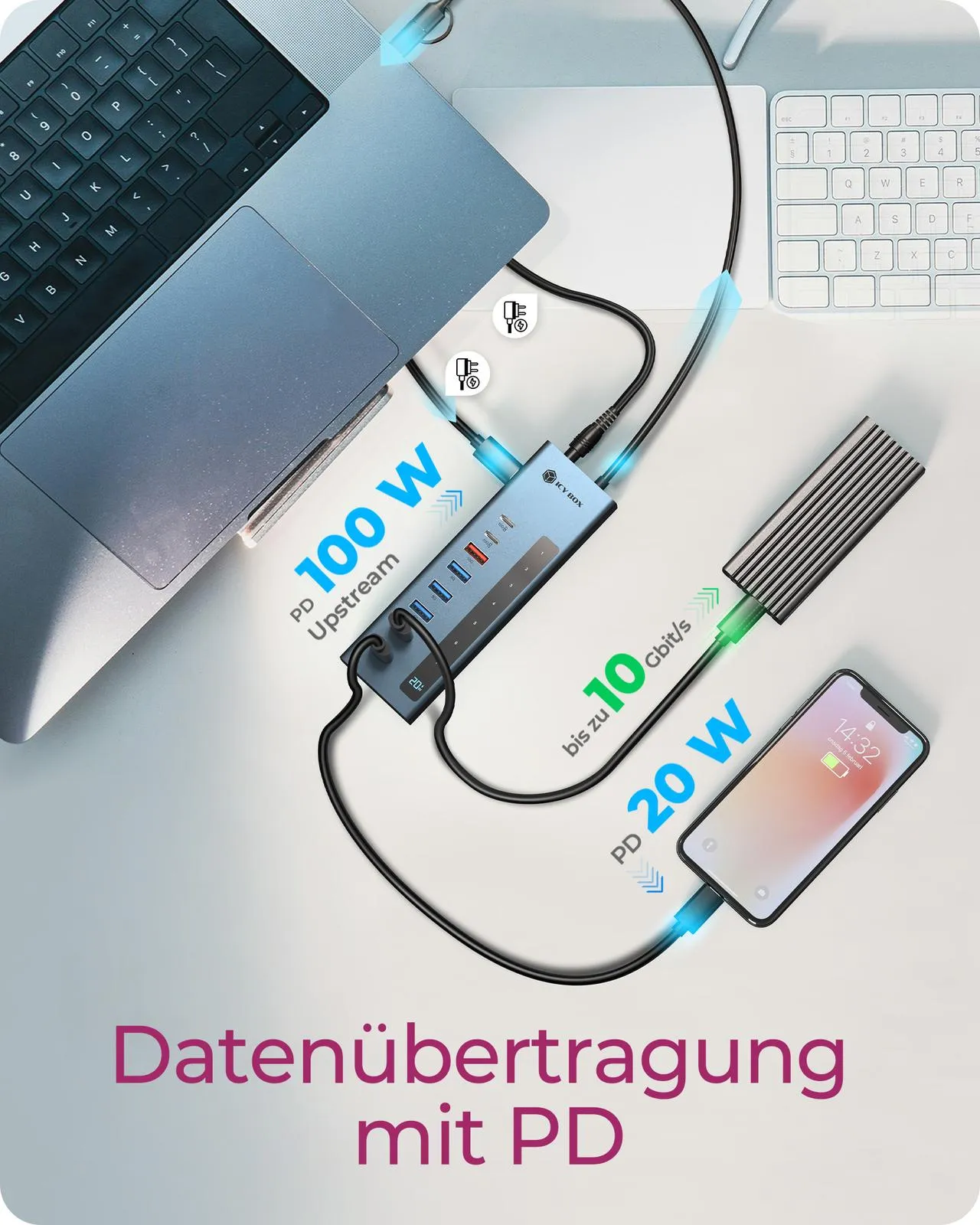 ICY BOX IB-HUB1743-CPD, 9-in-1 HUB, 7x HUB Port (3C+ 4A) mit 1x USB-C für Laden (PD 20W mit display) & 1x PD 100W (upstream to Host) USB 3.2 Gen2, 10 Gbit/s – Bild 5