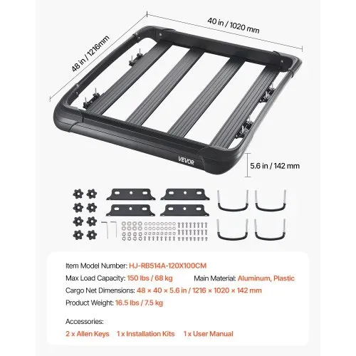 VEVOR Dachgepäckträgerkorb Autodachkorb (1216 x 1020 x 142 mm) universeller Dachgepäckträger aus rostfreiem legiertem Stahl (68 kg Max Tragkraft), Autodach-Gepäckträger für SUV Lkw – Bild 6